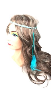 Turquoise Elastic Headband with Feathers (1 pc)
