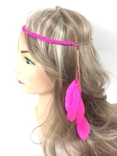 Braided Ibiza-style Headband with Feathers Fuchsia (1pc)