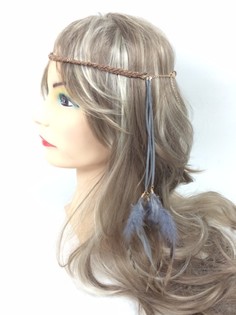 Braided Headband with Feathers Grey/Brown (1 pc)