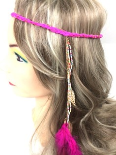 Braided Headband with Feathers Fuchsia (1 pc)
