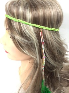 Braided Ibiza Headband with Feathers - Green (1 pc)