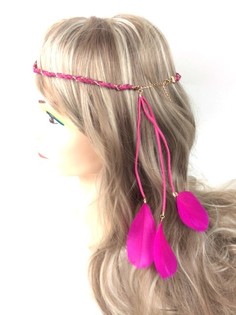 Braided Ibiza Headband with Feathers - Fuchsia (1 pc)