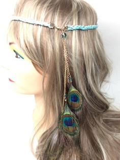 Braided Headband Light Blue with Peacock Feathers (1 pc)