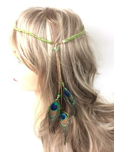 Braided Headband Moss Green with Peacock Feathers (1 pc)