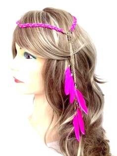 Braided Ibiza Style Headband with Feathers Fuchsia (1 pc)