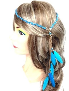 Braided Ibiza-Style Headband with Feathers Turquoise (1 pc)