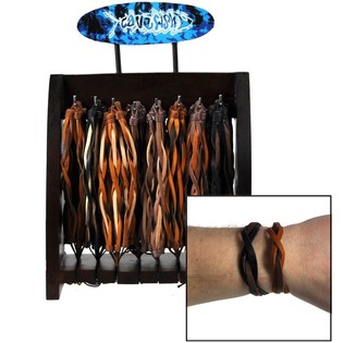LEATHER BRAIDED BRACELETS ON WOODEN DISPLAY (93ST).